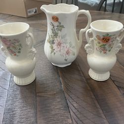 Vintage Floral Pitcher + Decorative Vase Set (3-Piece)