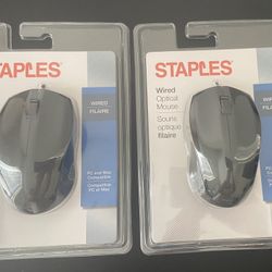 2 New Staples Wired Optical Mice - PC & Mac Compatible