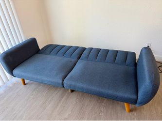 Novogratz Brittany Sofa Futon, Premium Linen Upholstery and Wooden Legs, Blue Linen