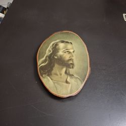 Gorgeous Vintage 70's Cross Cut Pine Tree Slab Portrait Plaque Of Jesus 10.5 X 6.25