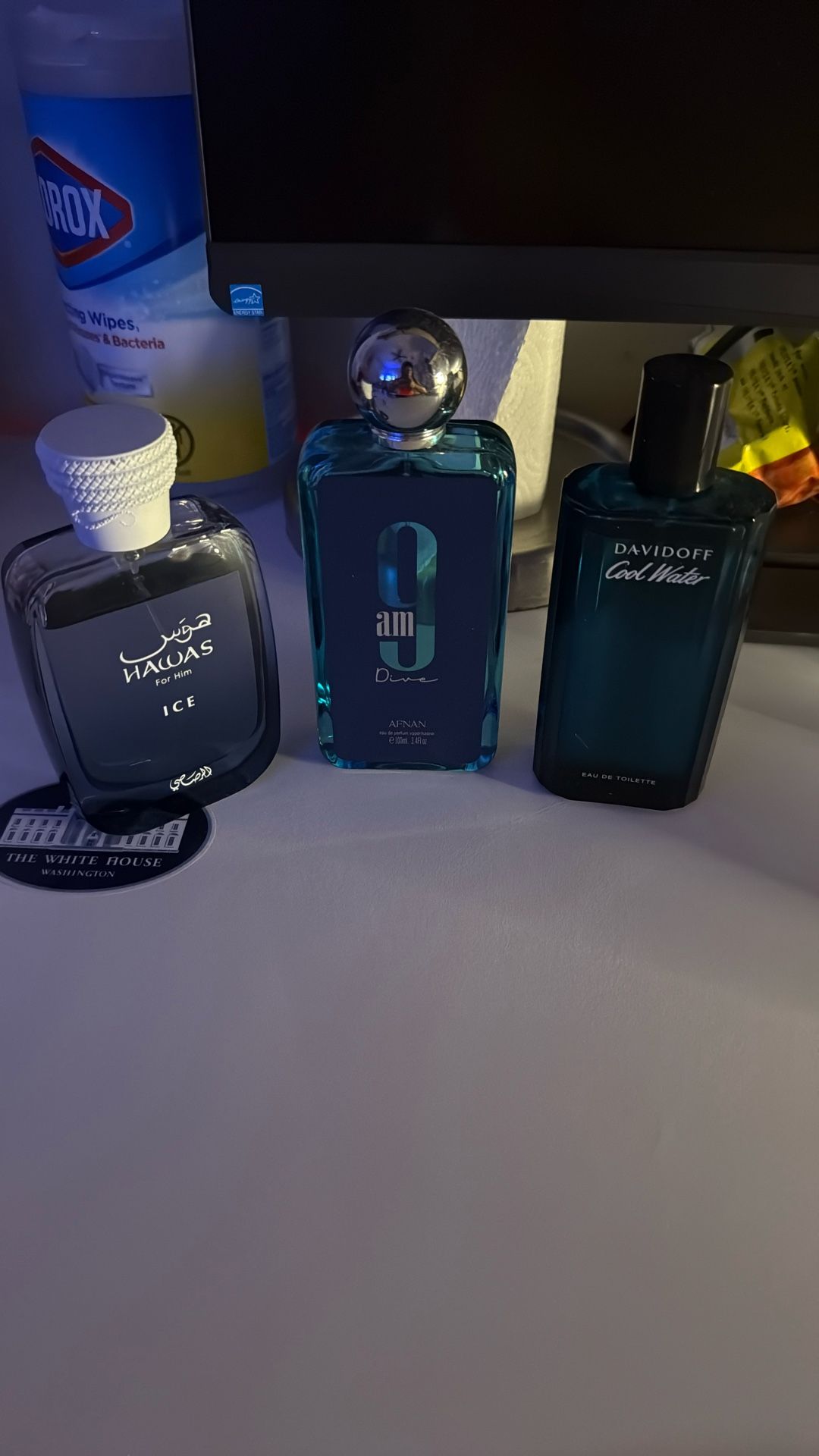 Colognes: Davidoff Cool Water, Rasasi Hawas Ice, and Afnan 9am
