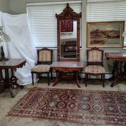 Very Luxurious Antique Eastlake Library Set up Marble Top Tables Arts and Crafts Bronze Lamps Capiz