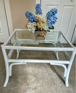 Whitewashed Rattan/Bamboo Glass Top Coffee Table – Coastal Style