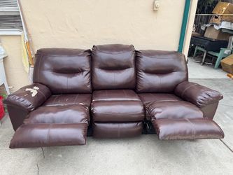 FREE! Dark Brown Faux Leather Sofa with Recliners  * functional and comfortable * Scratches/wear are visible on the sofa, as shown in the photos. Plea