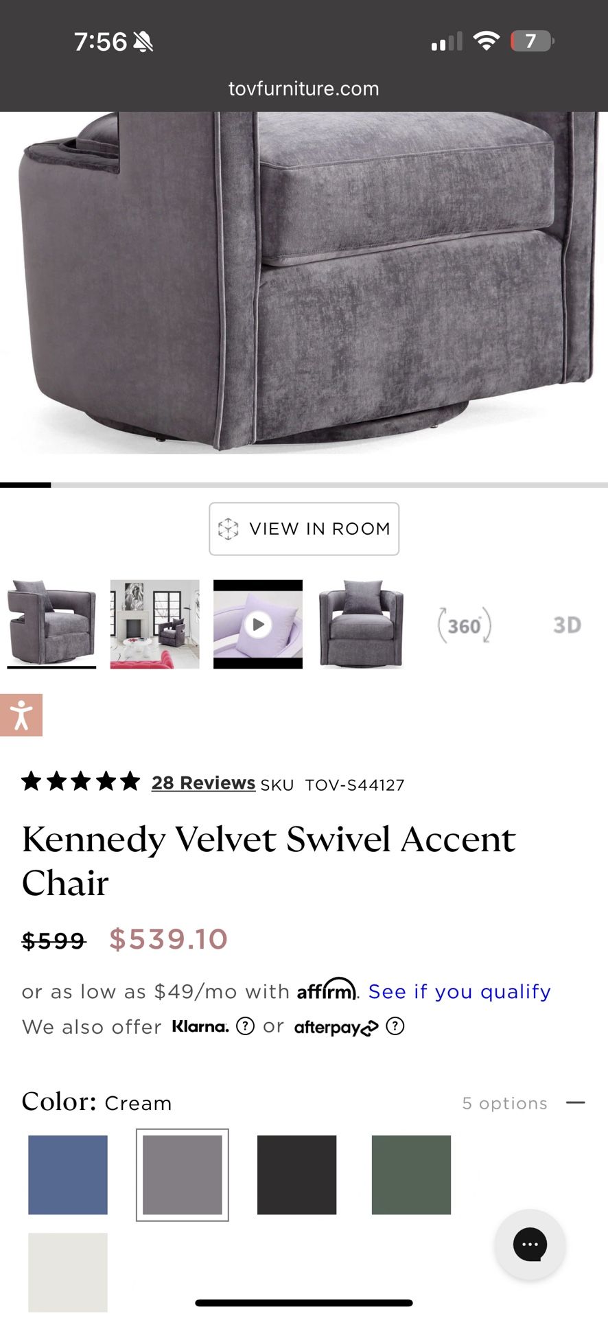 Tov Furniture Kennedy Velvet Swivel Accent Chair Set of Pair Grey