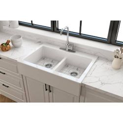 Glacier Bay
34 in. Farmhouse/Apron-Front Double Bowl White Fireclay Kitchen Sink with Bottom Grid