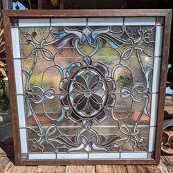 Vintage Stained Glass Window Leaded Bevel Architectural Salvage Antique Square Frame Beveled Leaded Garden Patio Art 