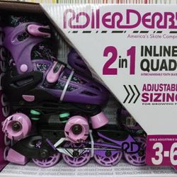 Roller Derby Lomond Girl Adjustable Inline-Quad Combo Skates Sz 3-6 Black/Purple