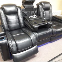 On Sale Contemporary Black Leather Power Reclining Sofa And Loveseat 