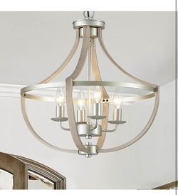 Vintage 5-light Metal Chandelier, Nickel & wood grain (Brand New)