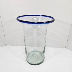 Mexican Hand Blown Glass Vase Cobalt Blue Rim Flare Top 13" Clear Artisan Vessel