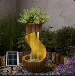 26.77" H Solar Outdoor Water Fountain – S-curved Cascading Water Feature With Led Lights, Built-in Planter Bowl, Bird Bath & Feeder For Garden, Patio,