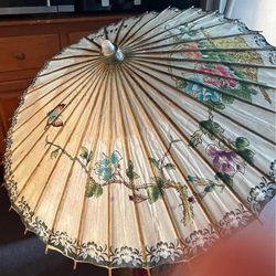 Vintage China Florida Souvenir Oriental Asian Rice Paper And Bamboo Umbrella Parasol Set Of 2