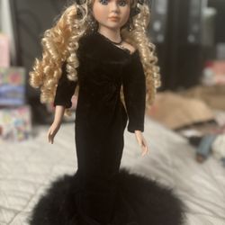  Elegant Porcelain Doll in Black Velvet Gown – Collectible