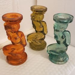 Vintage Art Deco Inspired Pressed, Molded Glass Knelling Women Figurine Candleholder