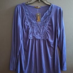 NEW Women Long Sleeve V Neck Ruched Pleated Top w/Lace - Size XL