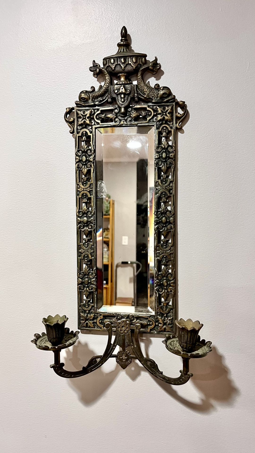 Will Ship ! Antique Victorian Era Brass Framed Mirrored Wall Sconce Adorned by Two Dolphins Koi Victorian Style and Two Candle Holders 18th Century  