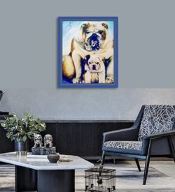 Handmade Acrylic Artwork, Mom & Baby Bulldog Painting & Blue Wood / Glass Frame