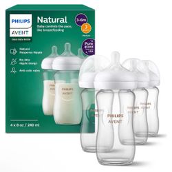 Philips Avent Natural Glass Baby Bottles w/  (Medium Flow, Flow 3), 8oz, 4 bottles