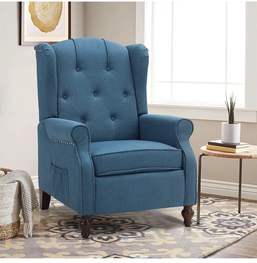 Recliner Accent Push Back Massage Chair with Heating Adjustable Tufted Fabric Arm Sofa Modern Wingback Club Home Theater Seating (Blue)