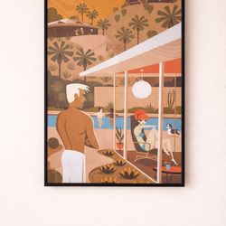 Framed Mid-Century Modern Art Print – Retro Palm Springs Pool Scene