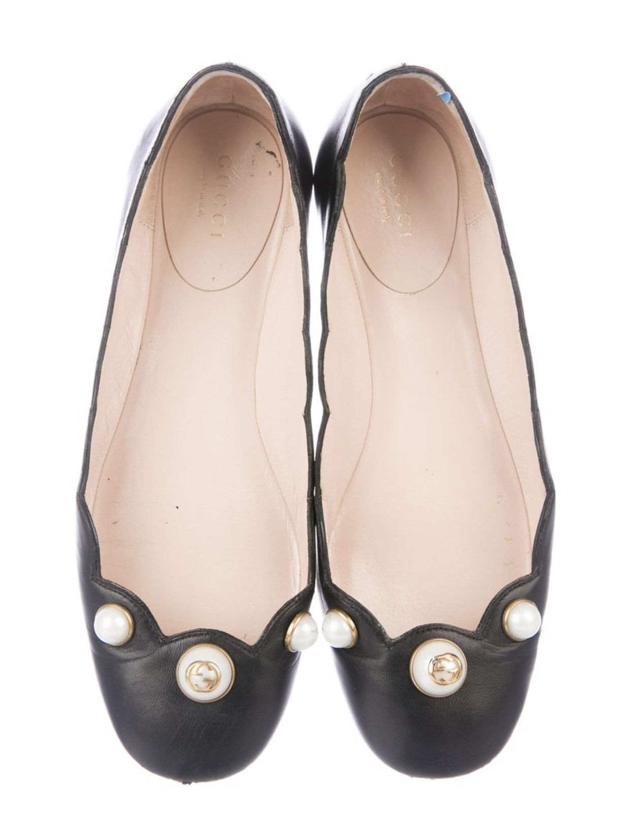 GUCCI leather flats w faux pearl accents GG logo Orig:$1200