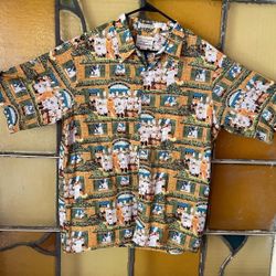 Vintage REYN SPOONER GUY BUFFET Men's yellow + green short sleeve button up Hawaiian pocket shirt w/ AOP ECOLE DE CUISINE ( French Chef) 