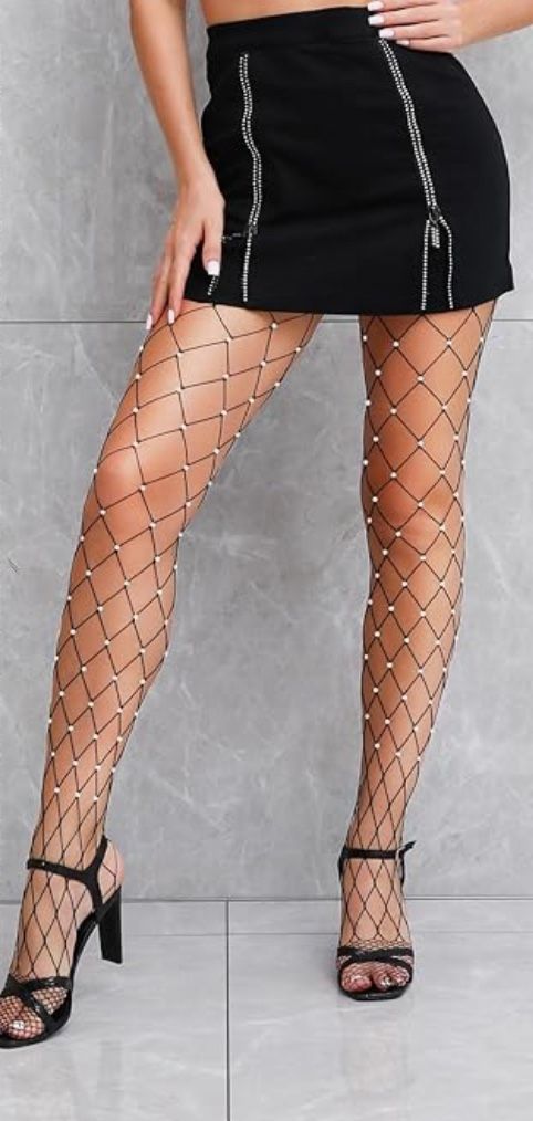 Black Sparkly Large Mesh Fishnet Tights For Women Glitter Rhinestone Fishnets Stockings