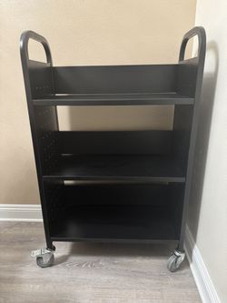 Book Cart, Hand Truck. 330lbs. Capacity, Black. Double Sided W-Shaped Sloped Shelves, 4 in. Lockable Wheels