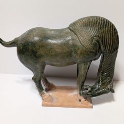 Vintage Green Glazed Pottery Horse Grazing Sculpture with Stylized Mane on Base