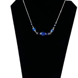 Handmade Blue Bead Necklace Silver Tone Chain Link Bar Choker Cute Gift