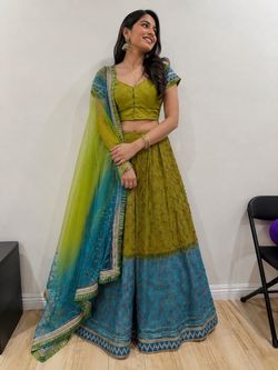 Beautiful Indian lehenga choli set in a gorgeous lime green, olive & teal/turquoise color combination. 💚💙