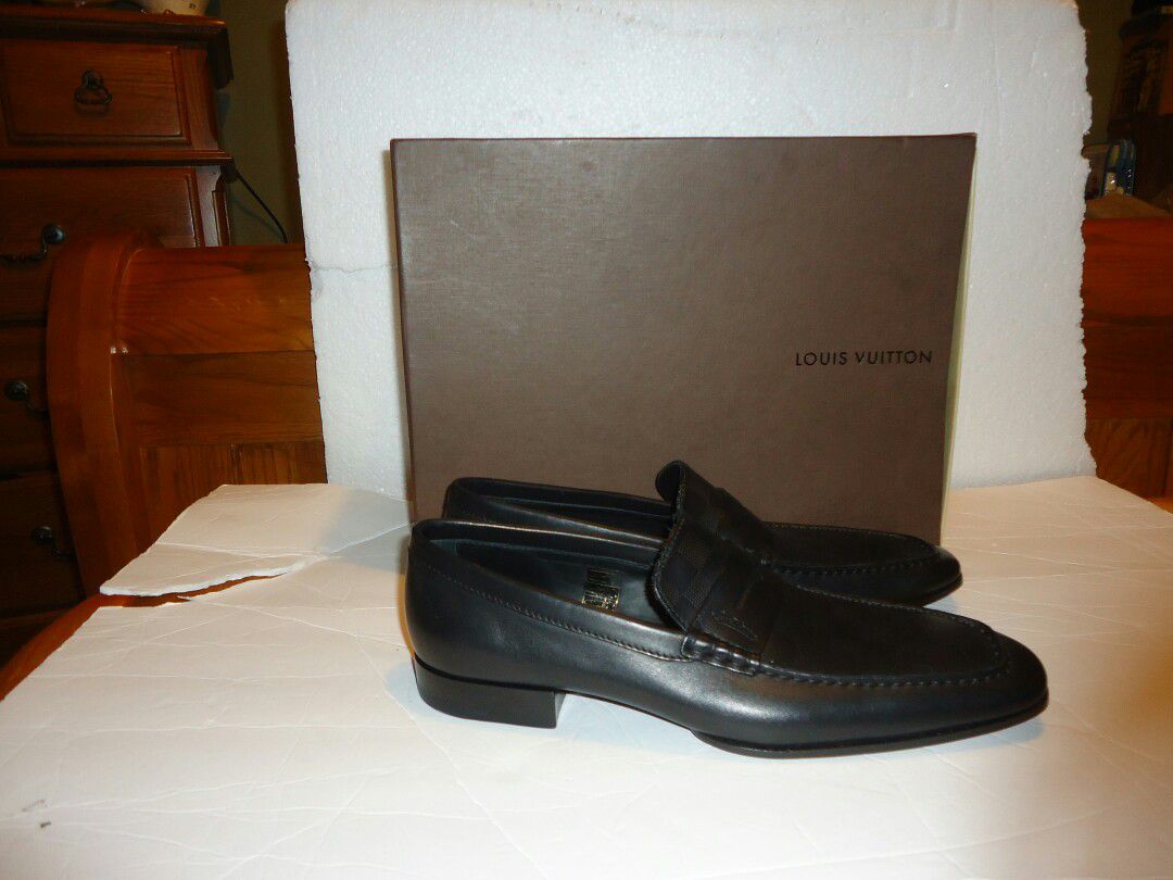 AUTHENTIC LOUIS VUITTON MEN'S DAMIER PENNY LOAFERS SHOES MADE IN ITALY BLACK SIZE 9