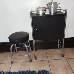 OLD MEATAL CABINET AND STOOL