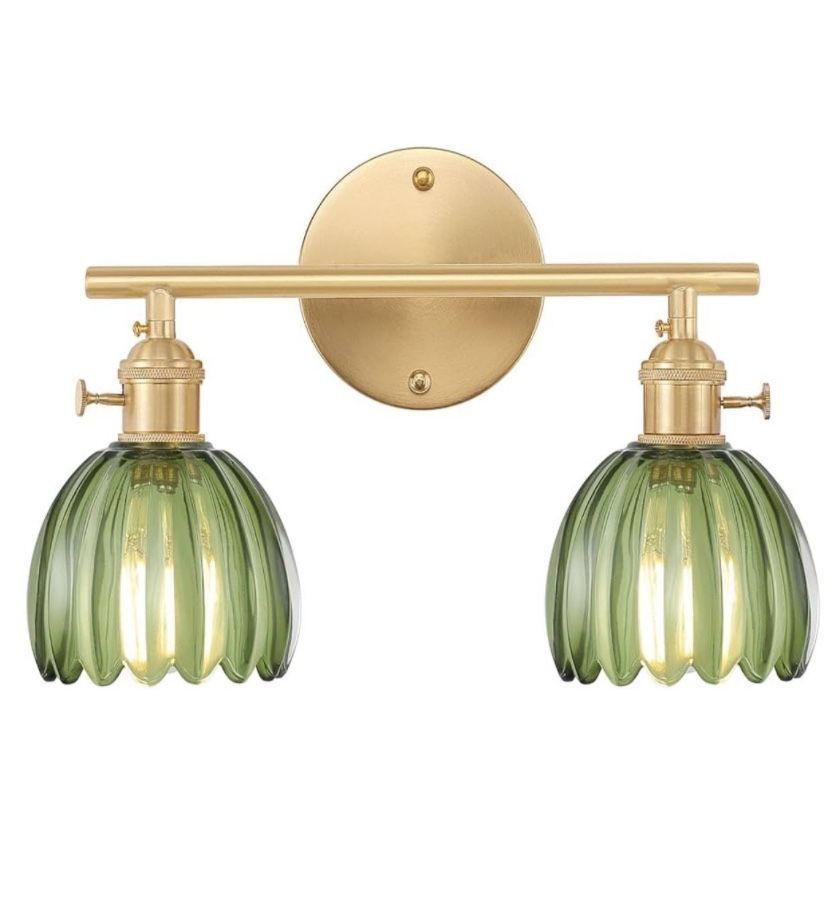 Vintage Brass Vanity Wall Light Over Mirror with Green Tulip Glass Shade