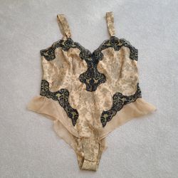 Modern Vintage Lingerie Solange French lace embroidered black gold body suit 22/24 corset chemise