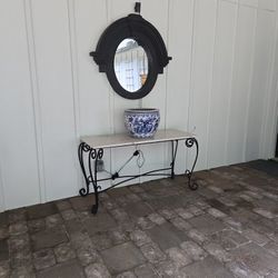 Outdoor Metal Console Table with Fossil Stone Marble Top
