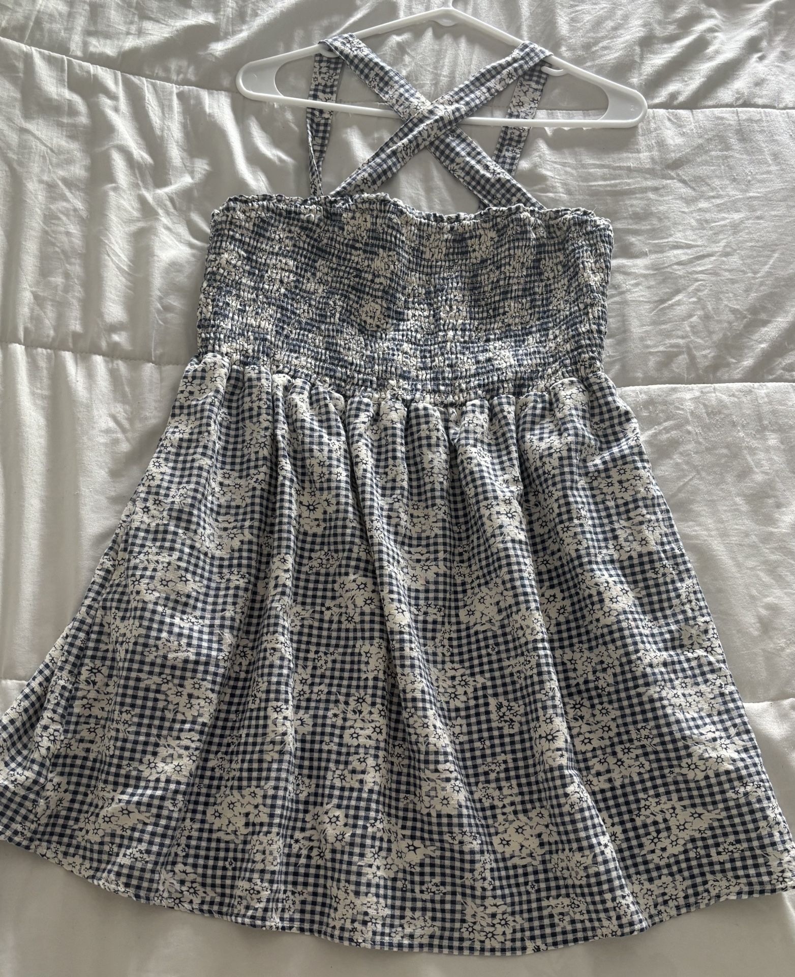 Blue And White Floral Plaid Mini Dress