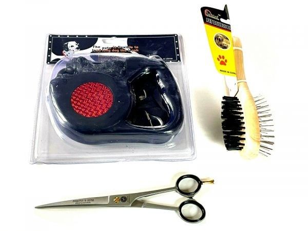 3pcs Pet Dog Reflective Retractable Leash Hair Brush Grooming Scissors Set