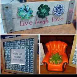 New 3pc Live Laugh Love wall Plaque, Photo frame with stand, Succulent in a chair planter pot.