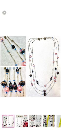 Vintage 3-strand Wedding Cake Beaded Necklace with Bugle Beads & Pink Pearls