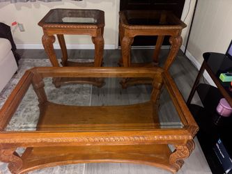 Traditional Carved Wood Glass Coffee Table & Side Table Set