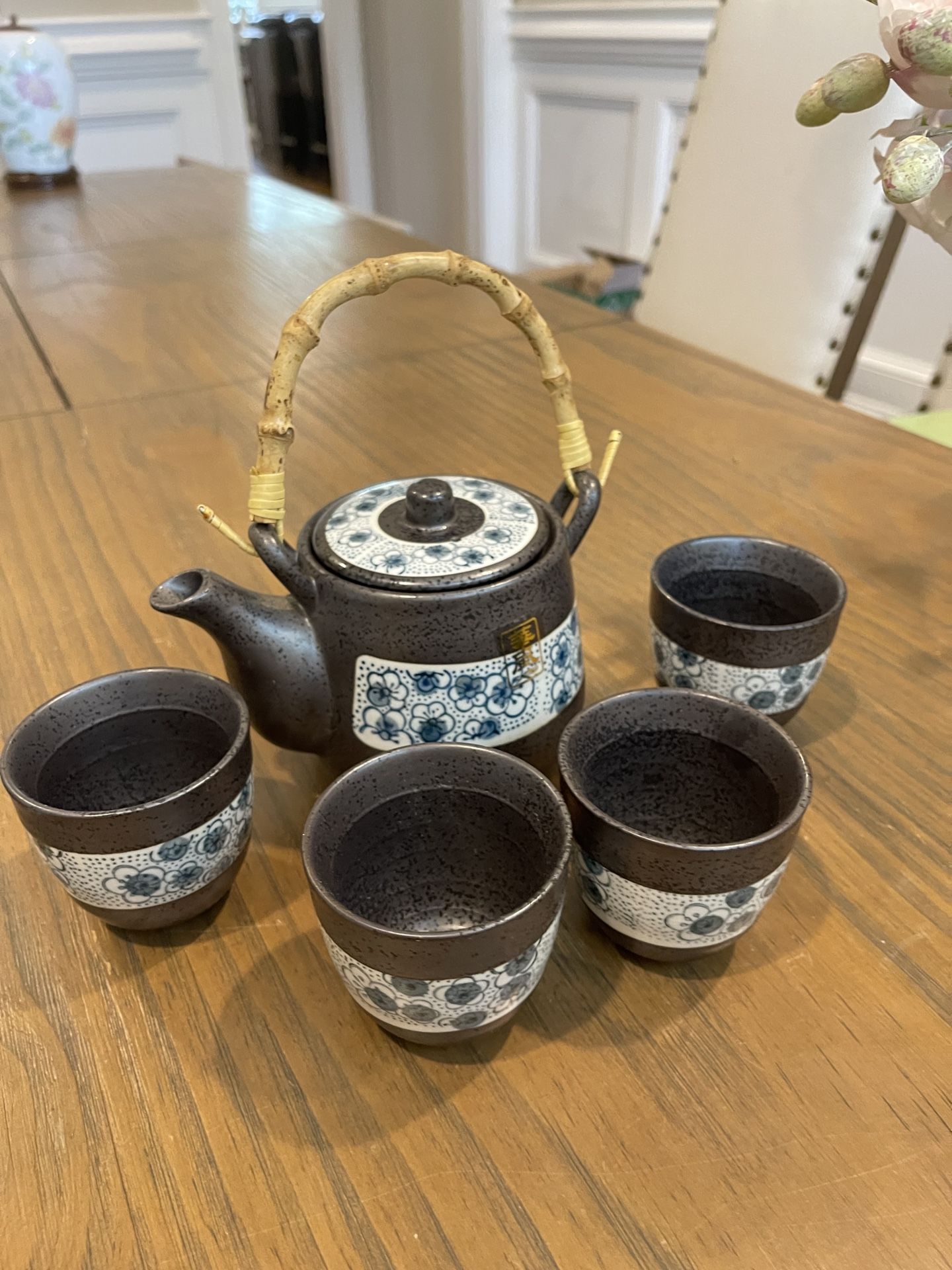 Ebros Japanese Design Cherry Petals Charcoal Grey Ceramic Tea Pot & Four Cups