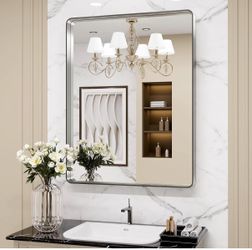 20X30 Inch Brushed Nickel Bathroom Mirror, Rounded Rectangle Silver Metal Frame Mirror, Brushed Nickel, Anti-Rust, Shatter Proof, Hangs Horizontally O