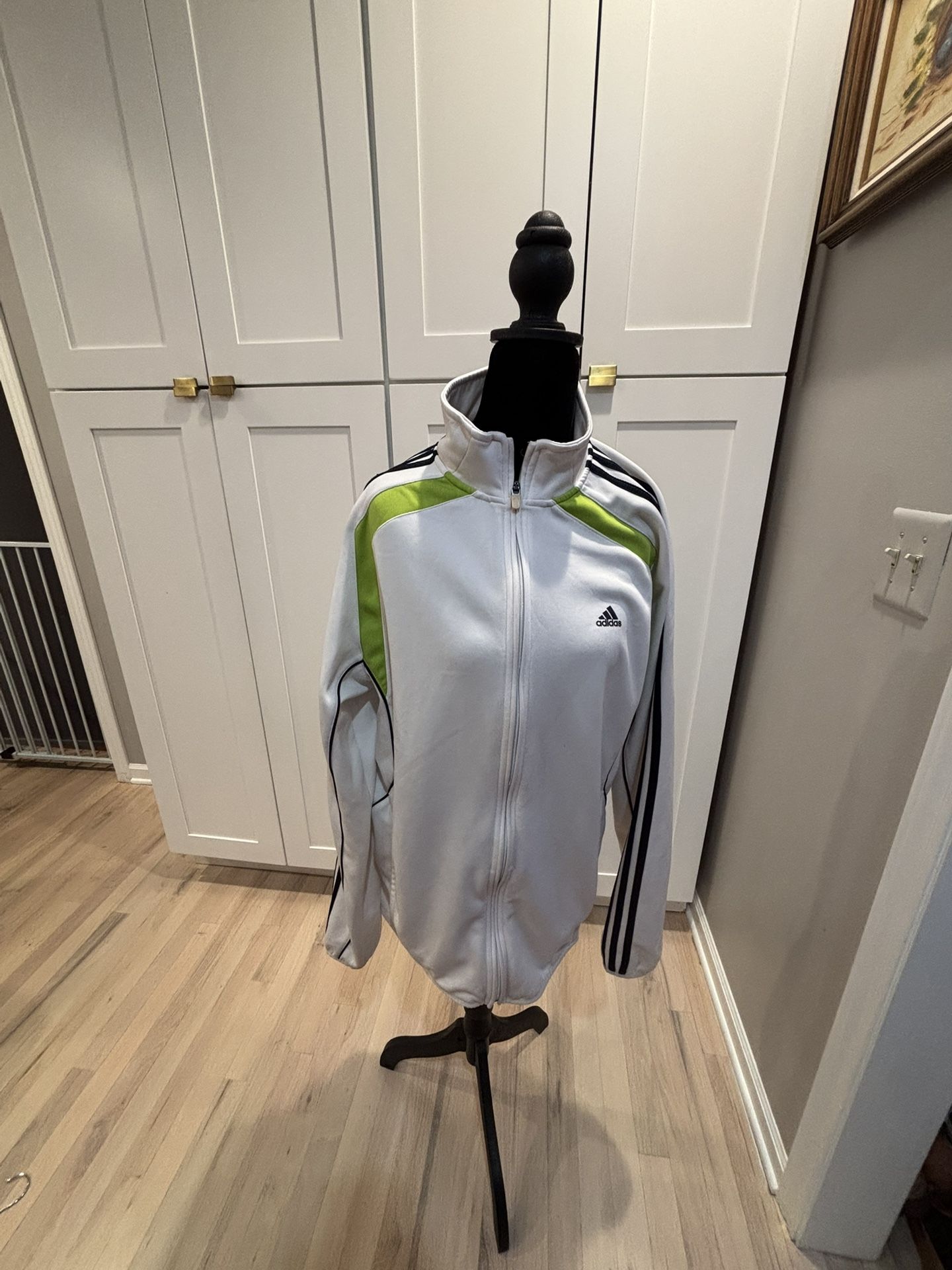 White Men’s Adidas Zip Up Jacket With Green And Black Trim Size L