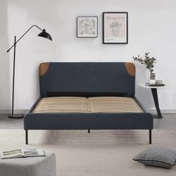 King Size Bed Frame with Headboard, Linen Upholstered Platform Bed Frame with Wooden Slats Support
