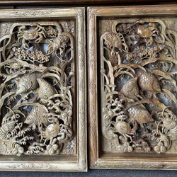 Pair Of Hand-carved Wooden Wall Panel - Koi & Sea Life Decor
