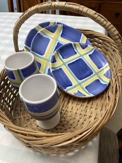 Italian made ceramic dishes used twice blue, yellow, and white (basket Not Included)