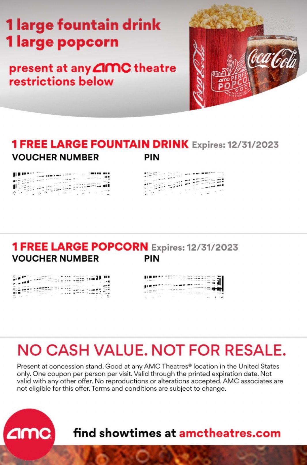 AMC Large Drink And Popcorn Vouchers