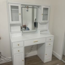 Vanity Desk With Mirror, Lights, And Charging Station